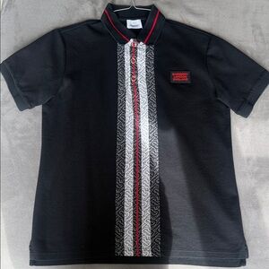 Burberry Black Polo with Monogram Center Stripe and Red Trim